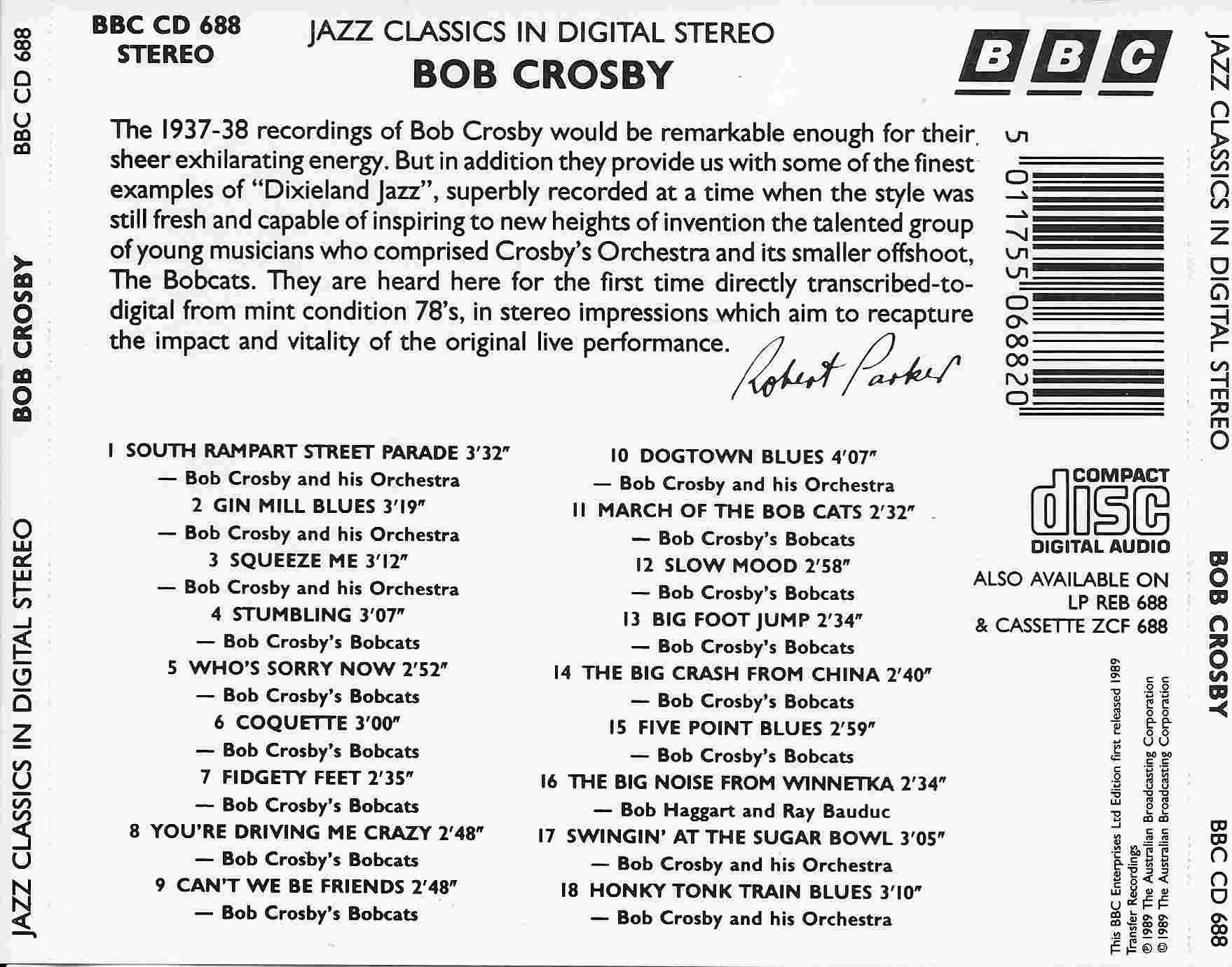 Picture of BBCCD688 Jazz classics - Bob Crosby by artist Bob Crosby from the BBC records and Tapes library